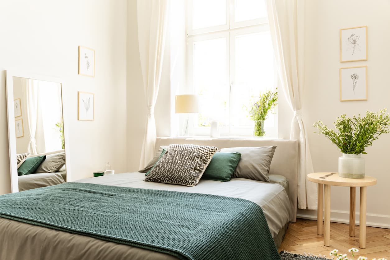 bright room with green throw