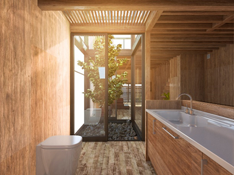 Japandi Style Bathroom with Wood interiors and modern finish