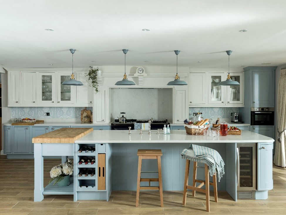 light blue and white eco friendly kitchen