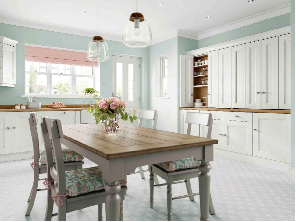 A dining table in the kitchen