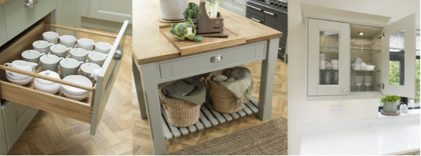 A kitchen table with baskets on top